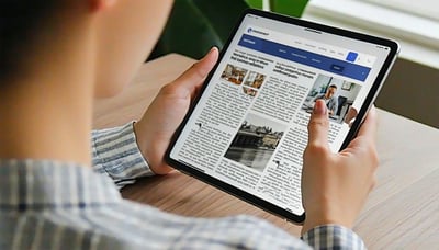 Illustration of a person reading a digital newsletter on a tablet